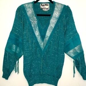 Vintage Turquoise Western Wear Suede Metallic Tassel Sweater Size Medium